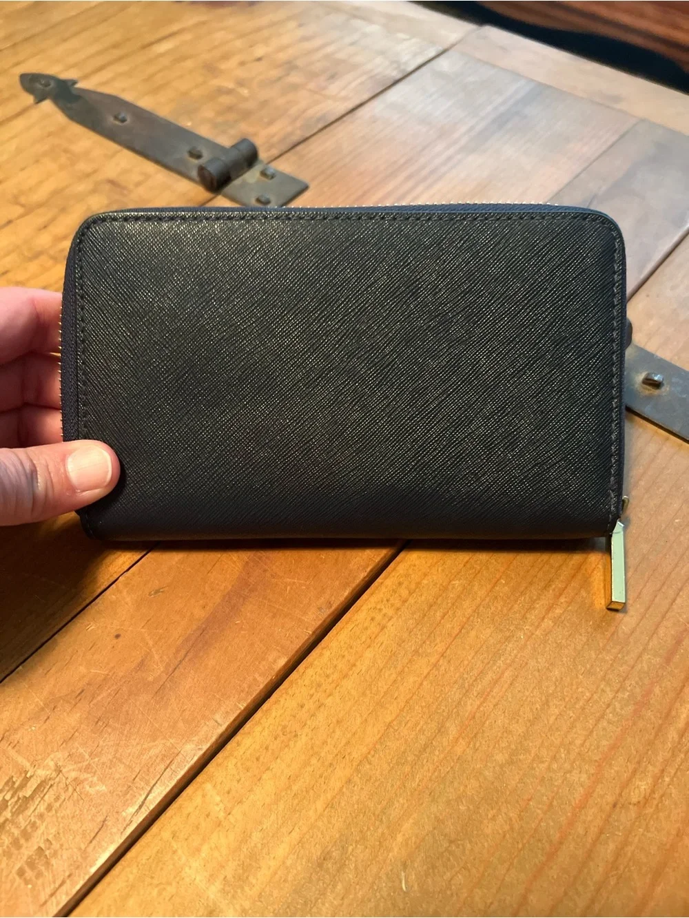 Tory Burch Black Saffiano Zip Wallet with Gold Logo